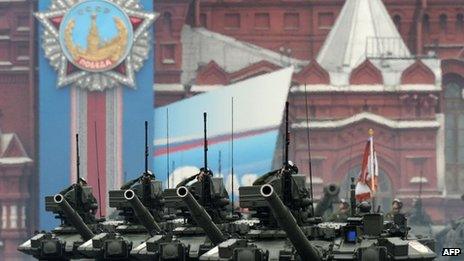 A column of tanks on parade on 9 May in Moscow's Red Square.