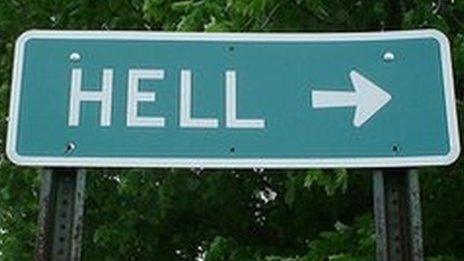 Sign for the town Hell in Michigan, US