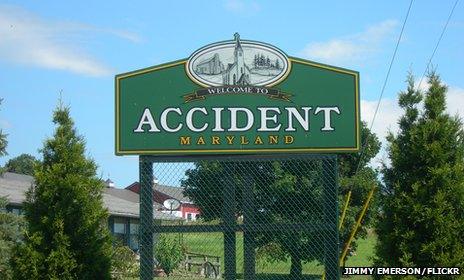 Sign of the town Accident in Maryland, US