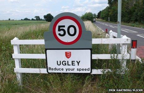 Sign of the town Ugley in Essex, UK
