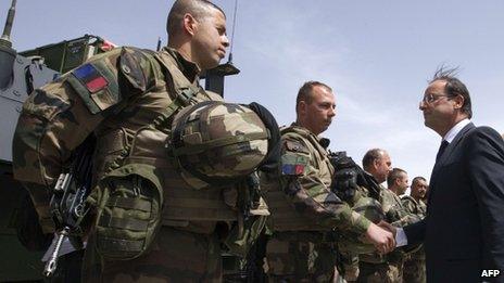 French President Francois Hollande with French soldiers in Kapisa Province, Afghanistan, on 25 May