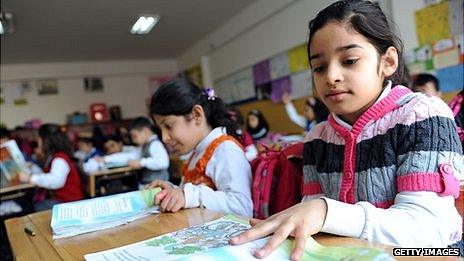 Turkish students attend a lesson at their school in Istanbul
