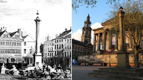 Preston market square as it was (photo: David Pickup) and as it is today