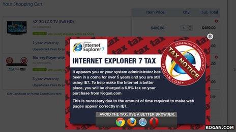 Illustration of Internet Explorer 7 tax from the Kogan.com website