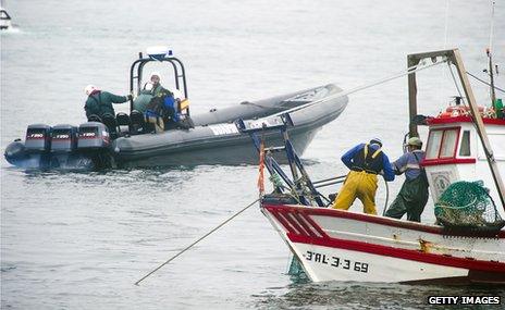 Spanish fishing boat escorted by Spanish civil guard boat