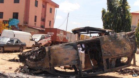 A car vandalised by Christians in Kaduna on 17 June in a reprisal attack for the bombing of churches by Islamist militant group Boko Haram on Sunday