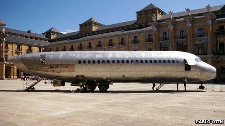 a wingless DC-9 plane has been transformed into a mobile arts space