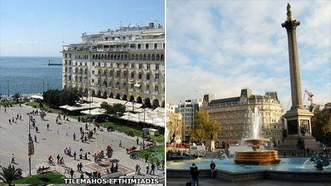 Aristotle Square, Thessaloniki, and Trafalgar Square, London