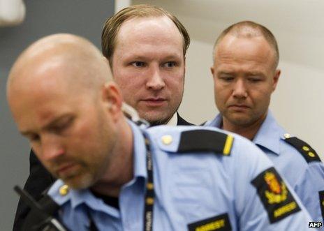 Anders Behring Breivik arrives in court in Oslo, 22 June