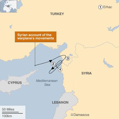 Map showing Syrian account of downed Turkish jet's movements