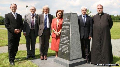 Left to right: Paul Clews, anatomy manager; the mayor of Newcastle; Professor Garner; Professor Wass; Mike Mahon and Father Jones with the memorial stone