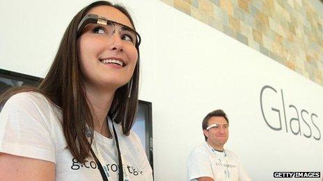 A Google employee wears Glass at the firm's developers conference