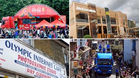 From top left, clockwise: Coca-cola sponsorship tent, McDonalds in the Olympic Park, Samsung van on torch relay, Olympic Internet cafe