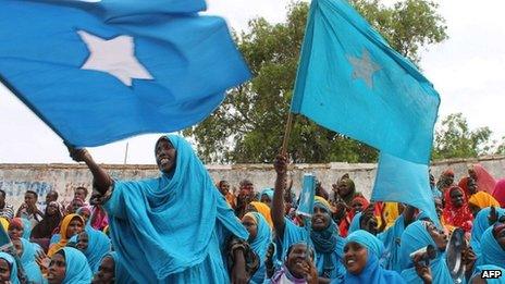 Somali women wave their national flag at Konis stadium, in Mogadishu, during a ceremony marking the anniversary of Somalia's independence on 1 July 2012