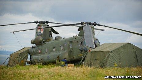 The Chinook landed in a field