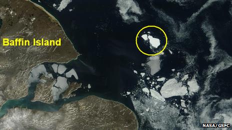 The grounded iceberg off the coast of Baffin Island. Image courtesy of NASA/GSFC, Rapid Response