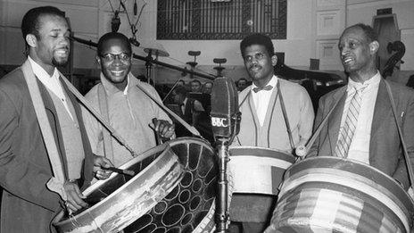 Russ Henderson's Trinidad All Steel Band. Left to right: Clement Irwin, Sterling Betancourt, Russ Henderson and Ralph Cherrie