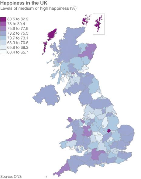 Map showing levels of happiness across the UK