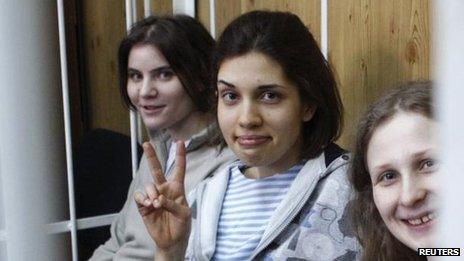 Members of the Pussy Riot band who face trial on Monday, in court on 20 July2012