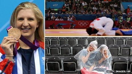 Clockwise from left: Team GB's Rebecca Adlington with her bronze medal, crowds at the ExCel with some empty seats and fans shelter from the rain during the dressage at Horse Guards Parade