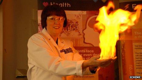 health and safety executive chair Judith Hackitt demonstrates the flaming hands experiments
