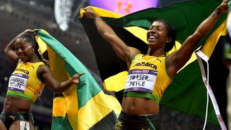 Shelly-Ann Fraser-Pryce (right) and Veronica Campbell-Brown of Jamaica