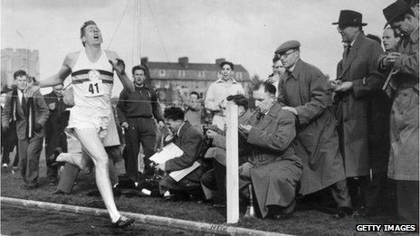 Roger Bannister about to cross the tape at the end of his record breaking mile run at Iffley Road, Oxford, on 6 May 1954