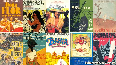 Jorge Amado book covers. Top line left to right: Dona Flor and her Two Husbands (Spanish); Gabriela (English); Tent of Miracles (Arabic); Jubiaba (Greek); Seara Vermelha (Hungarian). Bottom line: Captains of the Sands (Ukrainian); Sea of Death(German); Bahia de Todos os Santos (Portuguese); Home is the Sailor (Chinese); Sea of Death (Czech)