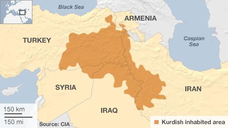 Map showing the Kurdish inhabited areas on the borders of Iran, Iraq, Turkey, Syria and Armenia.