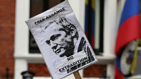 Placard held by an Assange supporter outside the Ecuador embassy in London