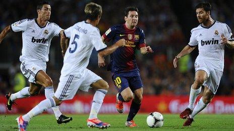 Lionel Messi takes on the Real Madrid defence