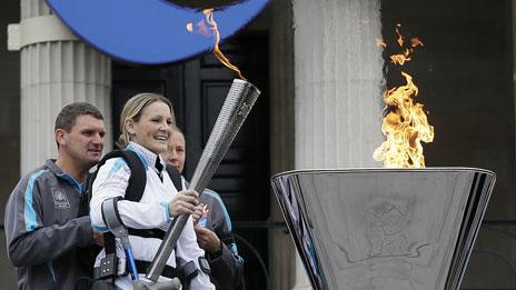Claire Lomas lights the cauldron in Trafalgar Square