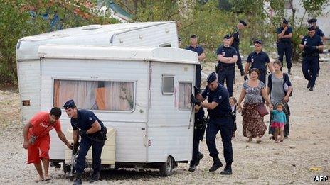 Police move a caravan from the Saint-Priest camp near Lyon, France