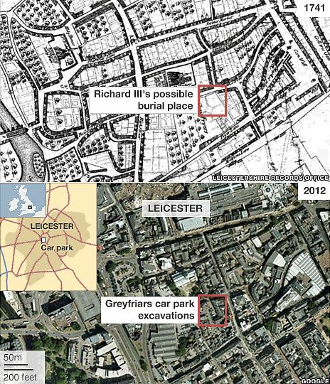 1741 and 2012 maps of Leicester