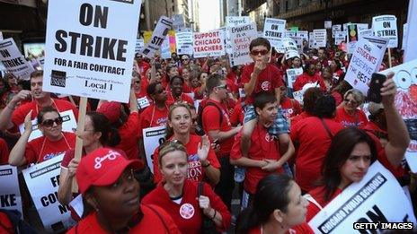Thousands of Chicago public school teachers and their supporters march in Chicago, Illinois, on 10 September 2012