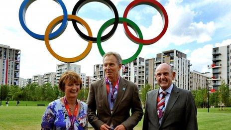 Tessa Jowell, Tony Blair and Mayor of the Olympic Athletes village Charles Allen