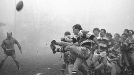 David Bishop kicks the ball for touch during Pontypool's match against Australia in 1984