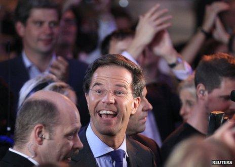 Mark Rutte (centre) celebrates on election night in The Hague, 13 September
