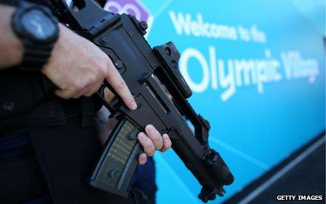 Armed police officer at the Olympic Village