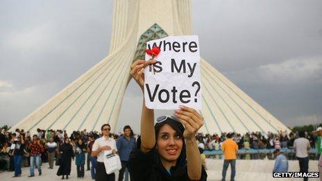 A woman protests after a heavily disputed Presidential election in June 2009 in Tehran's Azadi Square