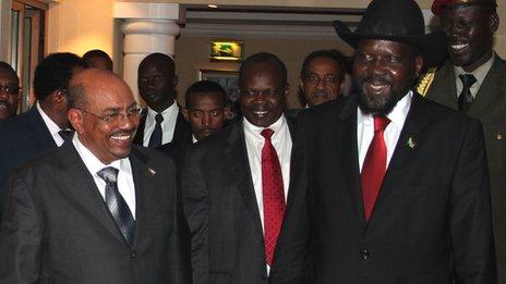 Sudan's President Omar al-Bashir, left, and South Sudan counterpart Salva Kiir, right. 23 Sept 2012