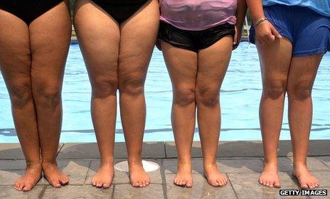 Girls' legs next to swimming pool