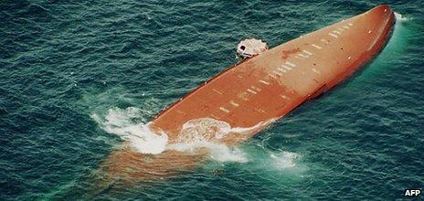 The capsized Joola photographed from the air