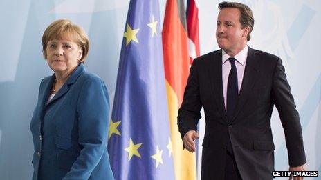 German Chancellor Angela Merkel and British Prime Minister David Cameron at a press conference in Berlin