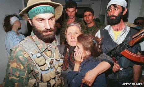 Chechen separatist leader Shamil Basayev in hospital of the town of Budenovsk, 1995