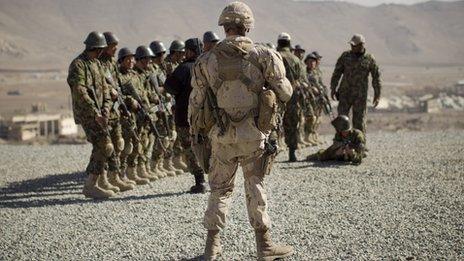A Canadian Army soldier, mentoring the Afghan National Army
