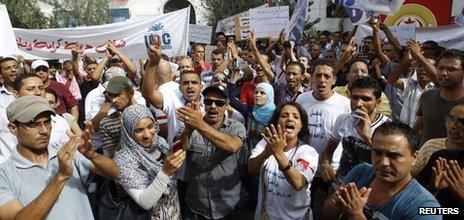 Unemployed graduates chant slogans during a demonstration demanding the right to work in Tunis, 29 September 2012