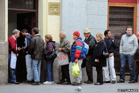 People line up outside the Ave Maria charity food centre in Madrid, November 2011