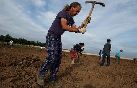 Farm workers union members dig abandoned land they have occupied