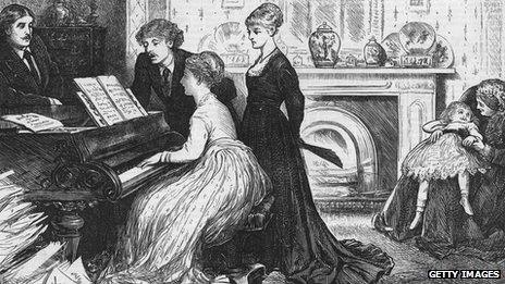 An 1870 image of a family by a piano